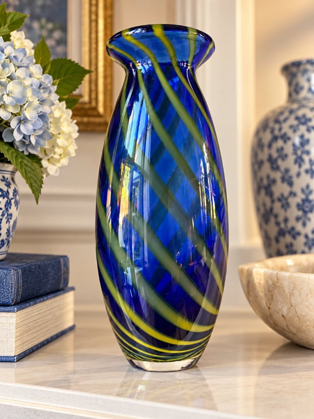Cobalt Blue Hand Blown Art Glass Vase Green Swirl Spiral 8.125” Modern